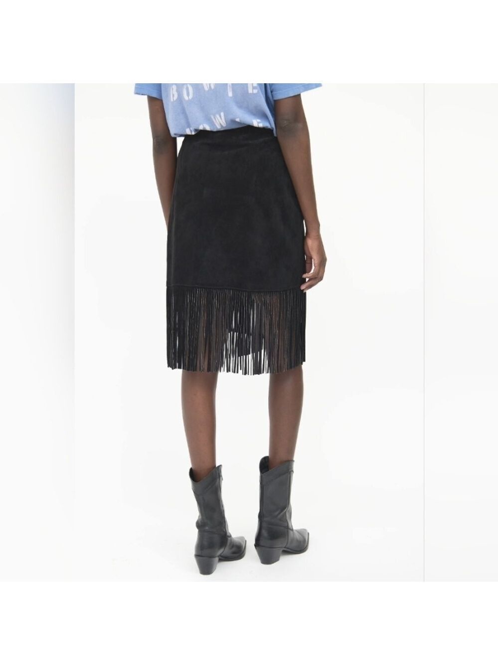 HANDMADE Black Faux Suede Midi Fringe Skirt Size Small